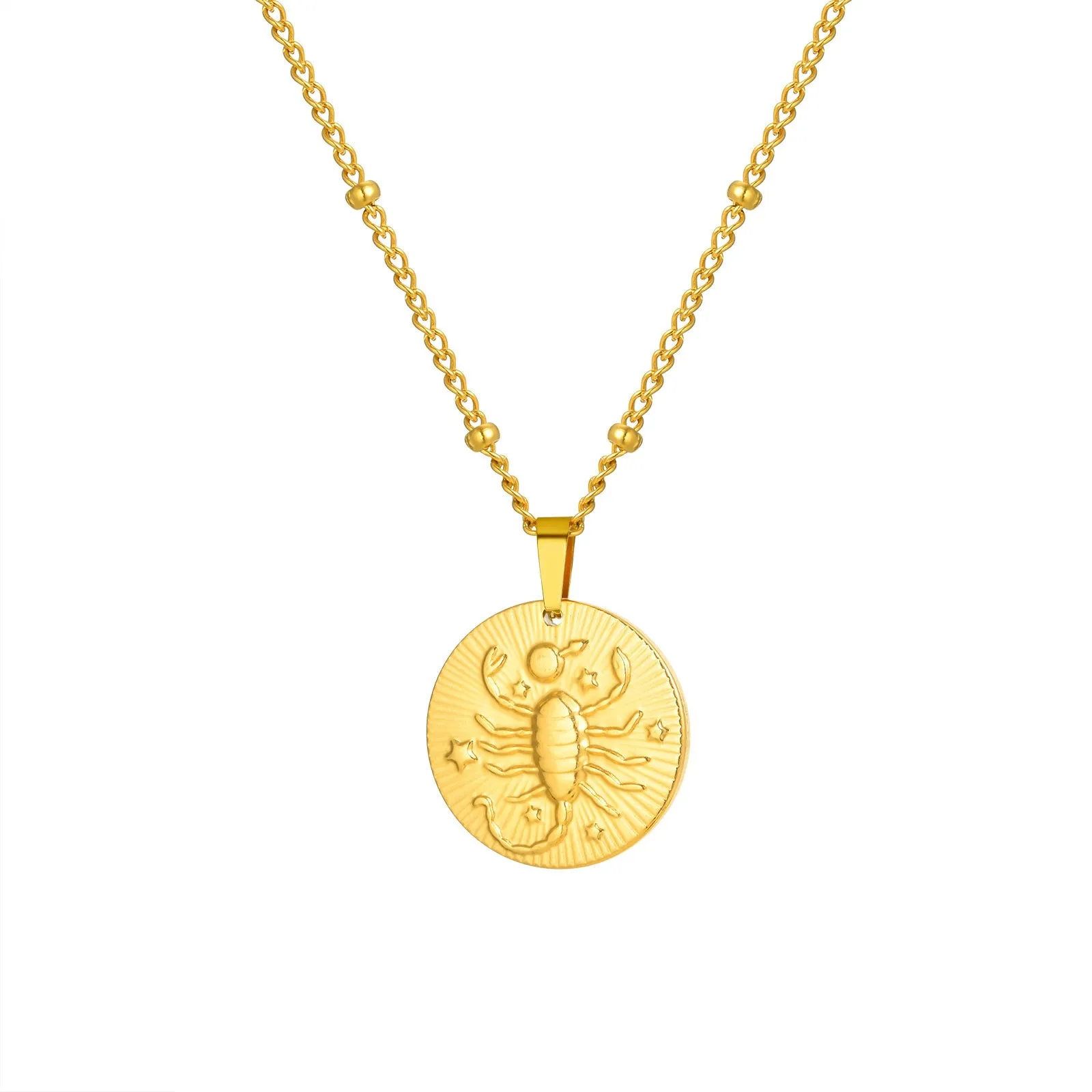 Stainless steel bead necklace with a round pendant embossed with a zodiac constellation, on a cross chain.