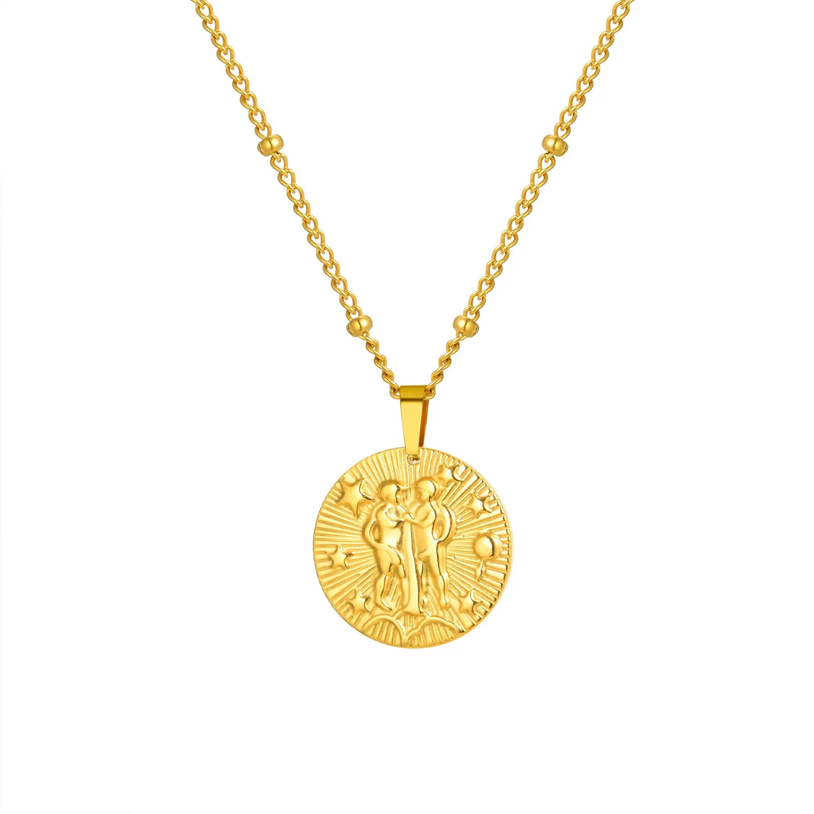 Stainless steel bead necklace with a round pendant embossed with a zodiac constellation, on a cross chain.