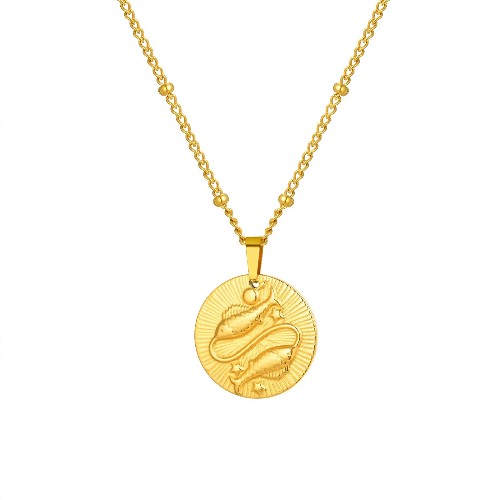 Stainless steel bead necklace with a round pendant embossed with a zodiac constellation, on a cross chain.