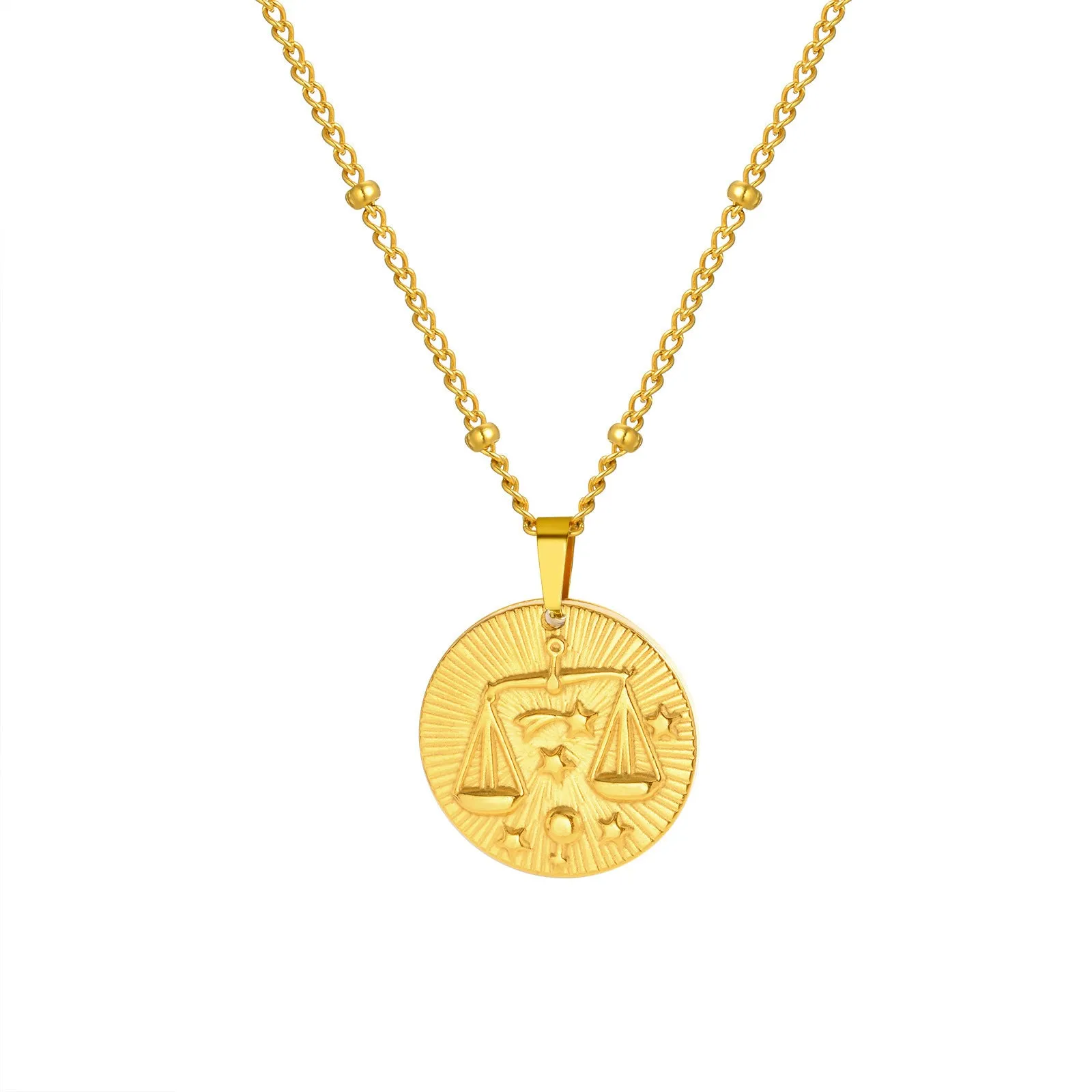 Stainless steel bead necklace with a round pendant embossed with a zodiac constellation, on a cross chain.