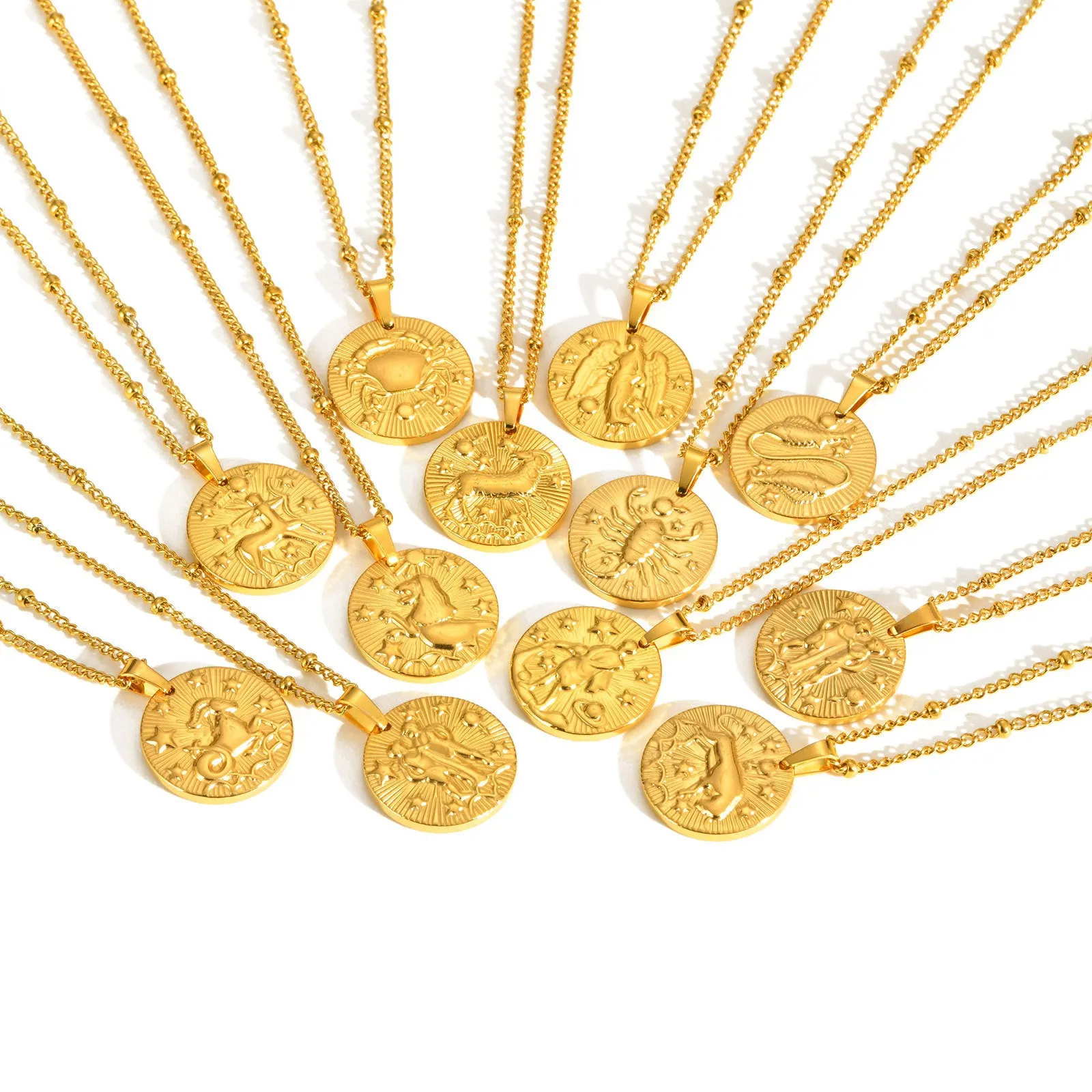 Stainless steel bead necklace with a round pendant embossed with a zodiac constellation, on a cross chain.