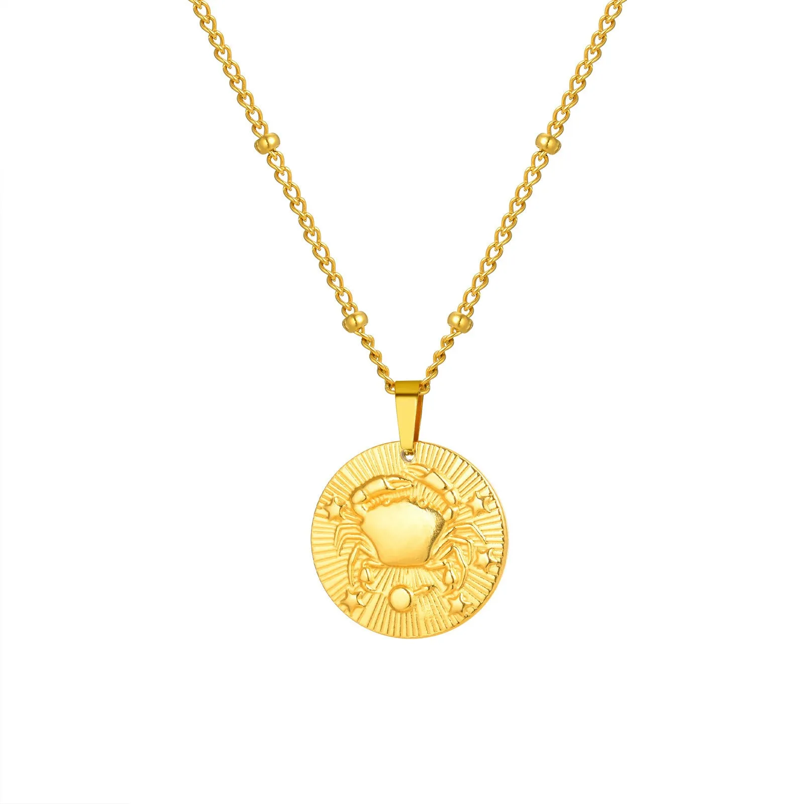 Stainless steel bead necklace with a round pendant embossed with a zodiac constellation, on a cross chain.