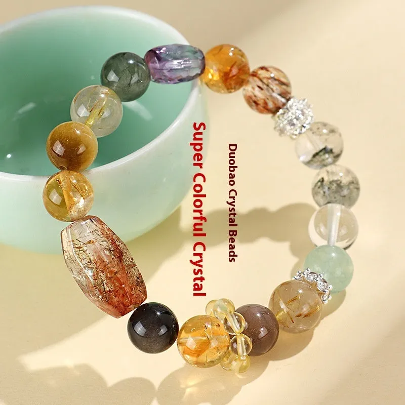 A women's bracelet featuring strands of natural Duobao crystal beads in a black and gold style.