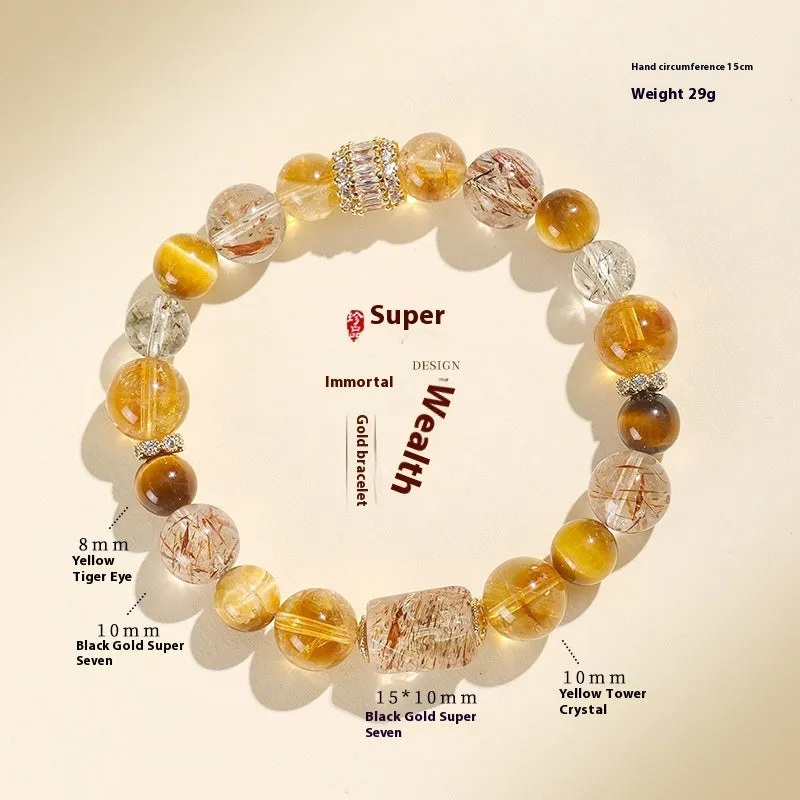A women's bracelet featuring strands of natural Duobao crystal beads in a black and gold style.