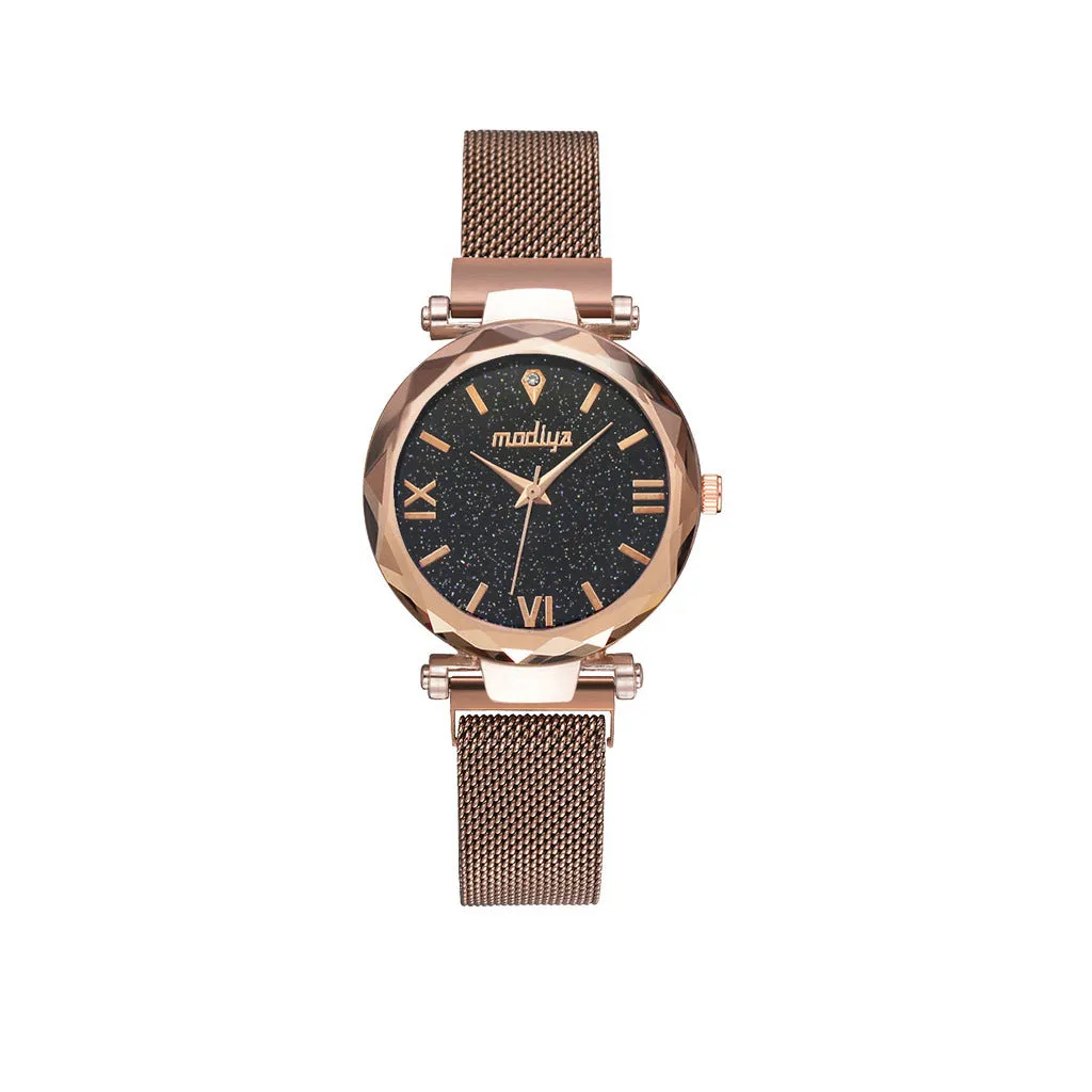 Ladies quartz watch with 39mm dial, alloy case, spiral crown, and bracelet band in rose gold finish