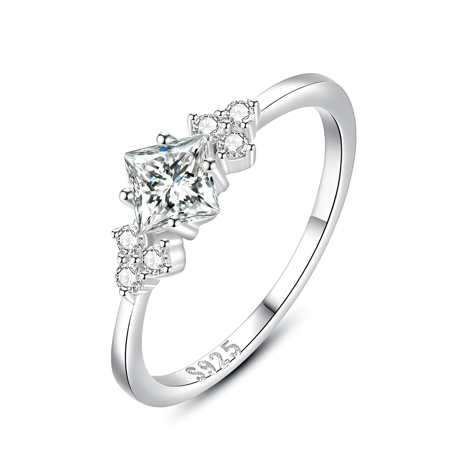 S925 silver ring with rhombus-shaped gold-plated setting and artificial gem on white background