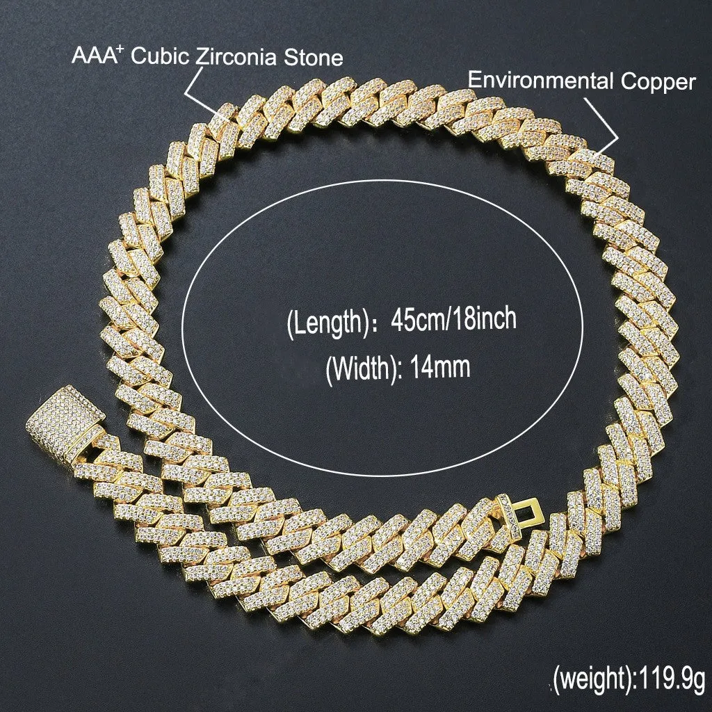 14mm copper Cuban link chain for men with micro-inlaid zircon stones in gold finish, 18 inch length