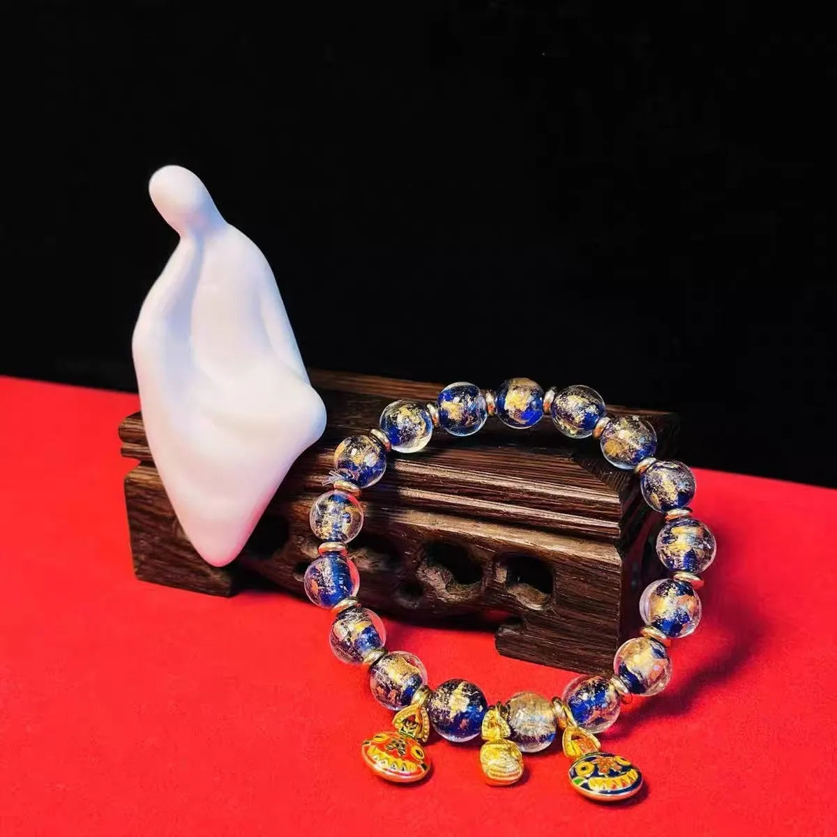 Geometric glass bracelet with auspicious patterns in red, purple, blue, green, black, or colourful.