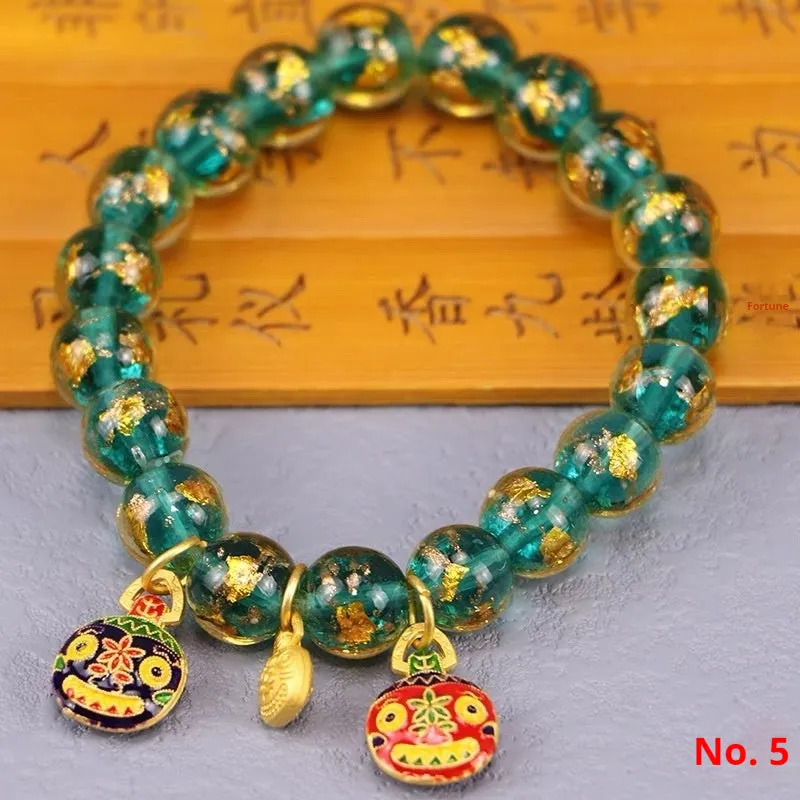 Geometric glass bracelet with auspicious patterns in red, purple, blue, green, black, or colourful.
