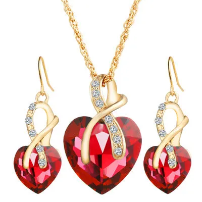 Heart shaped faux Austrian crystal zircon earrings with water wave chain in alloy, red colour option