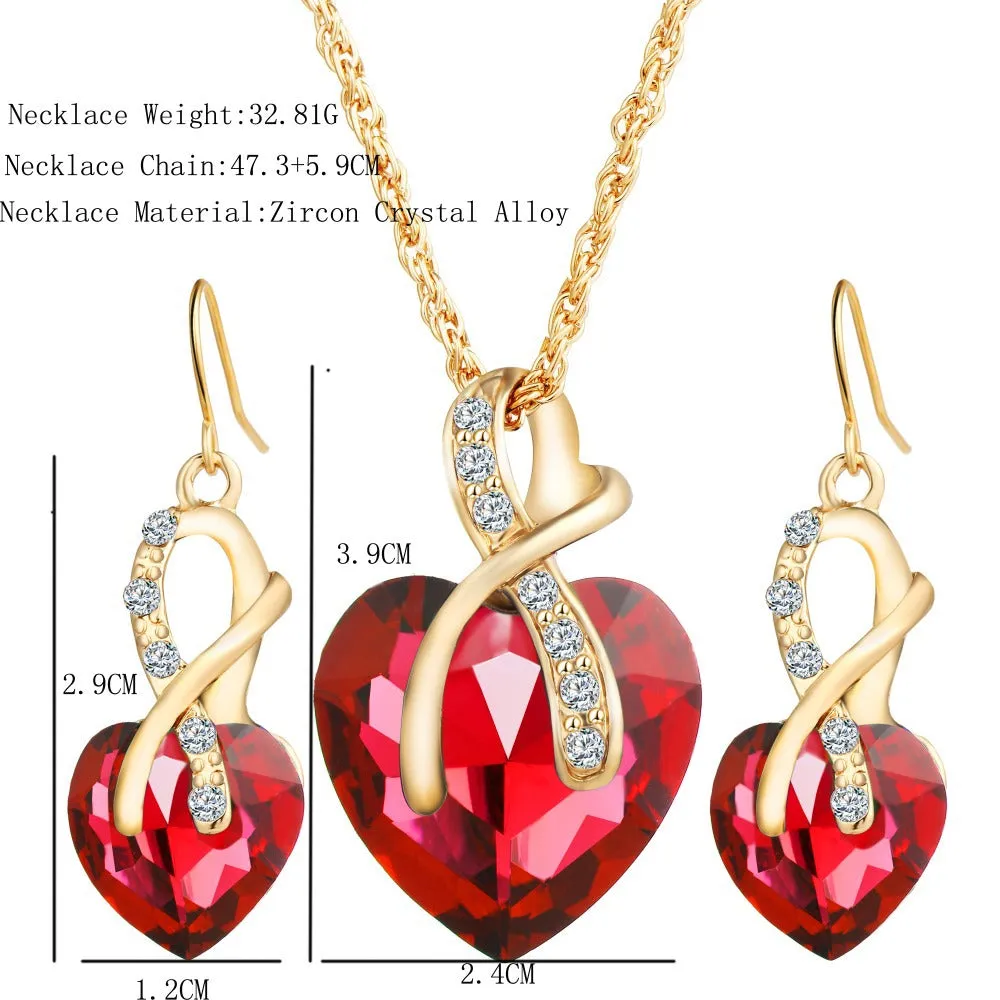 Heart shaped faux Austrian crystal zircon earrings with water wave chain in alloy, red colour option