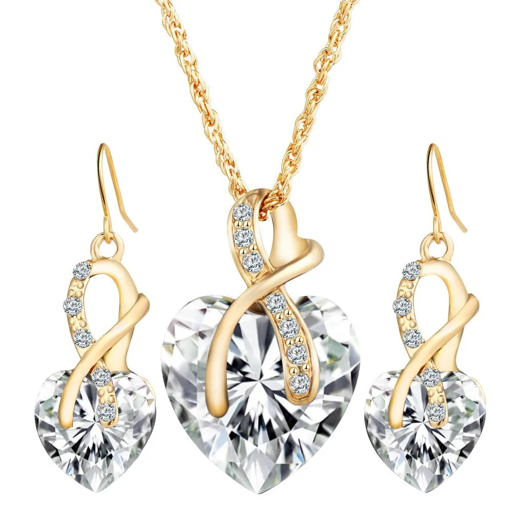 Heart shaped faux Austrian crystal zircon earrings with water wave chain in alloy, red colour option