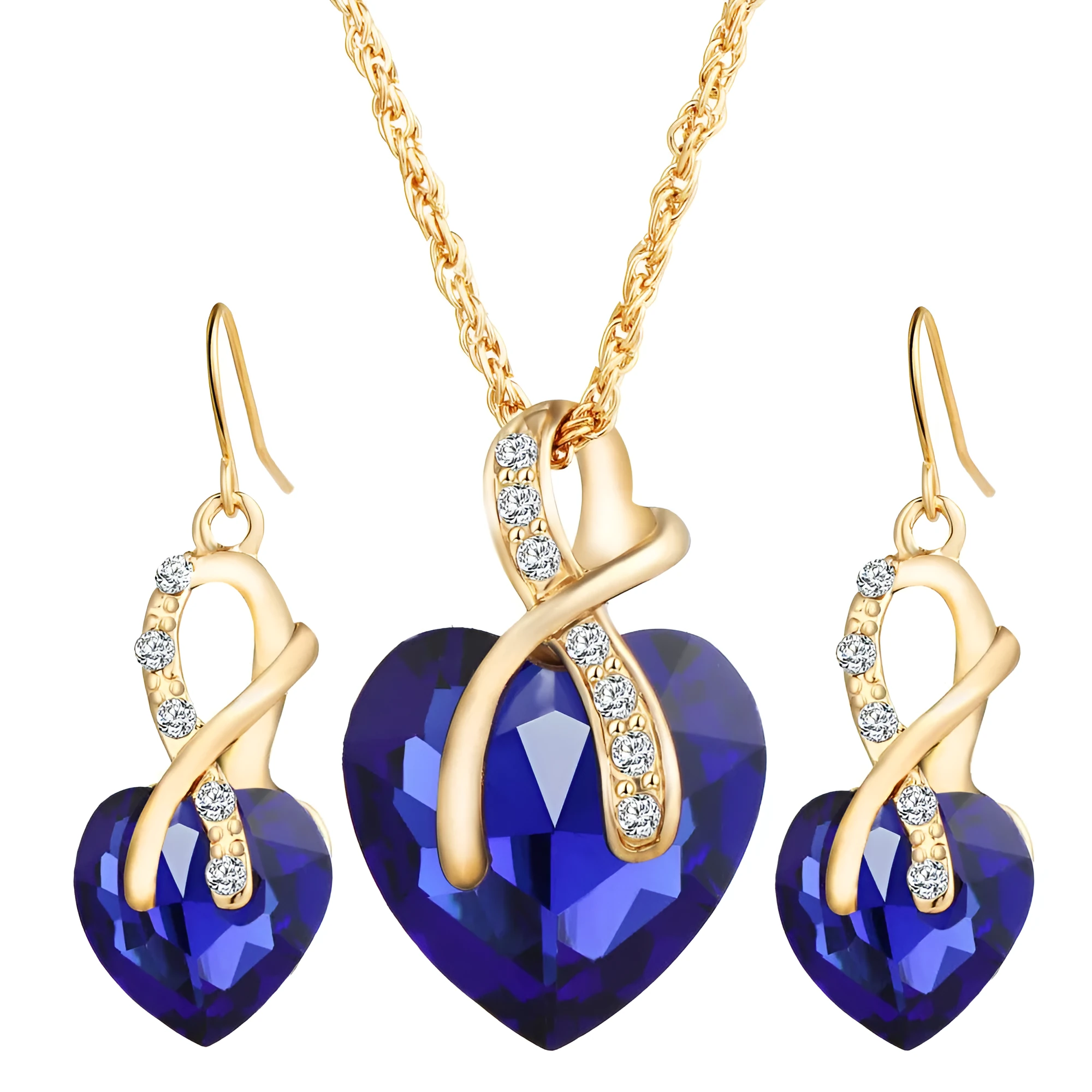 Heart shaped faux Austrian crystal zircon earrings with water wave chain in alloy, red colour option
