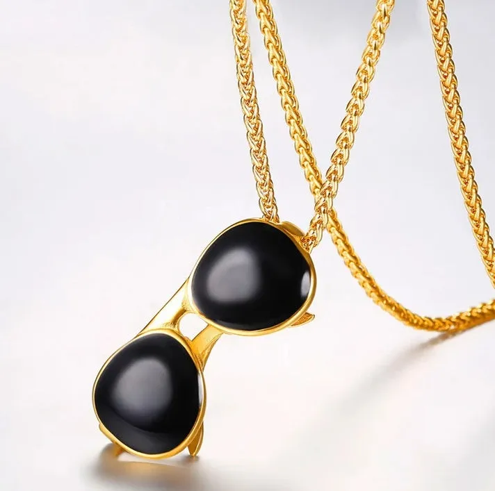 18k gold plated men's sunglass pendant necklace on chain in gold colour made from 316L stainless steel