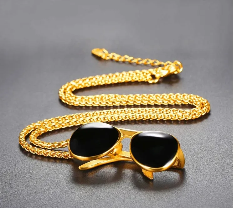 18k gold plated men's sunglass pendant necklace on chain in gold colour made from 316L stainless steel