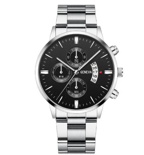 Men's calendar steel belt large dial quartz watch 40mm alloy case mineral glass silver black bracelet