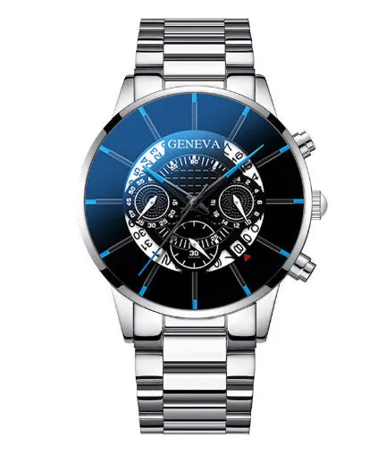 Men's calendar steel belt large dial quartz watch 40mm alloy case mineral glass silver black bracelet