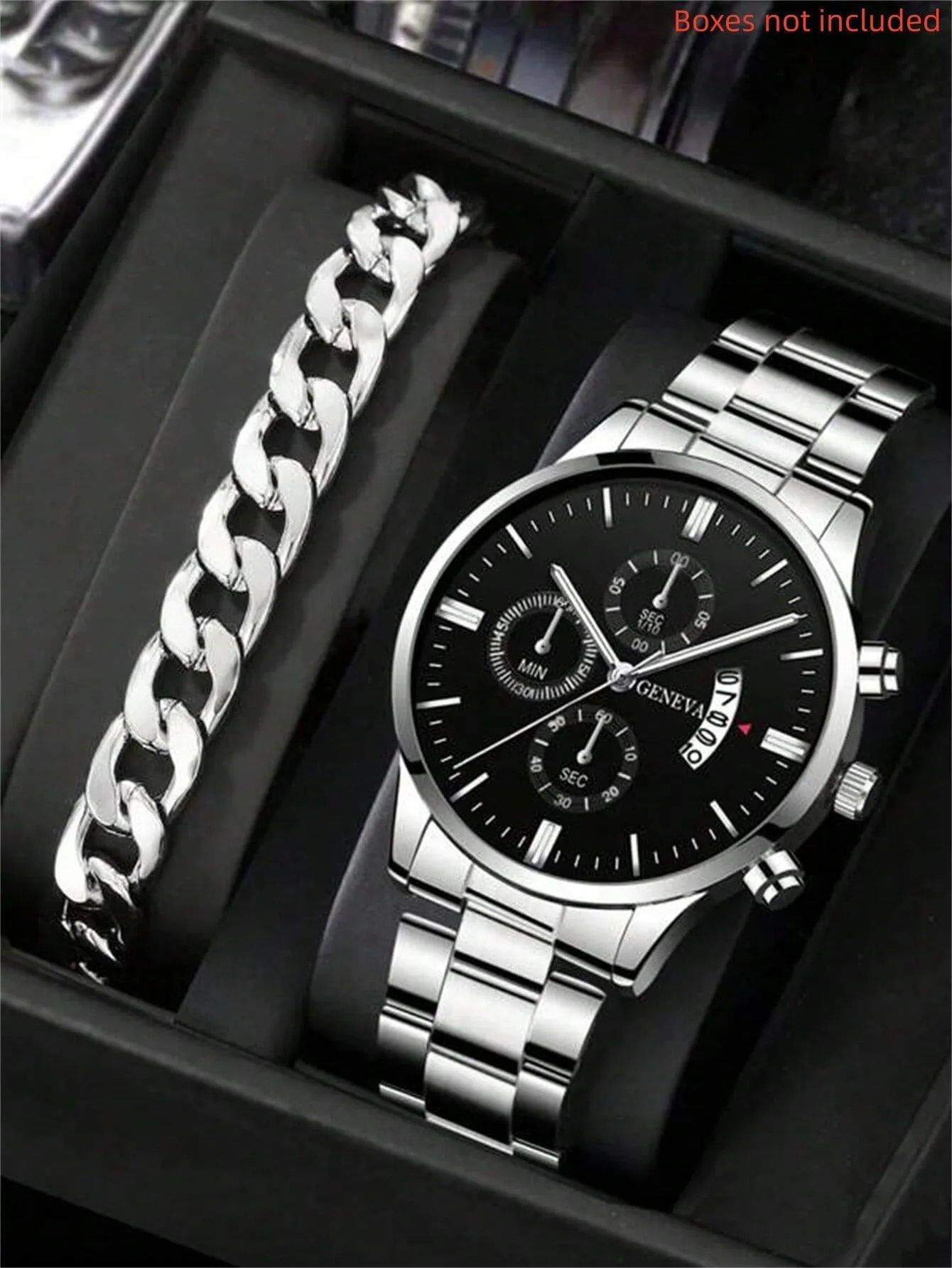 Men's calendar steel belt large dial quartz watch 40mm alloy case mineral glass silver black bracelet