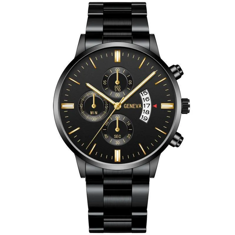 Men's calendar steel belt large dial quartz watch 40mm alloy case mineral glass silver black bracelet