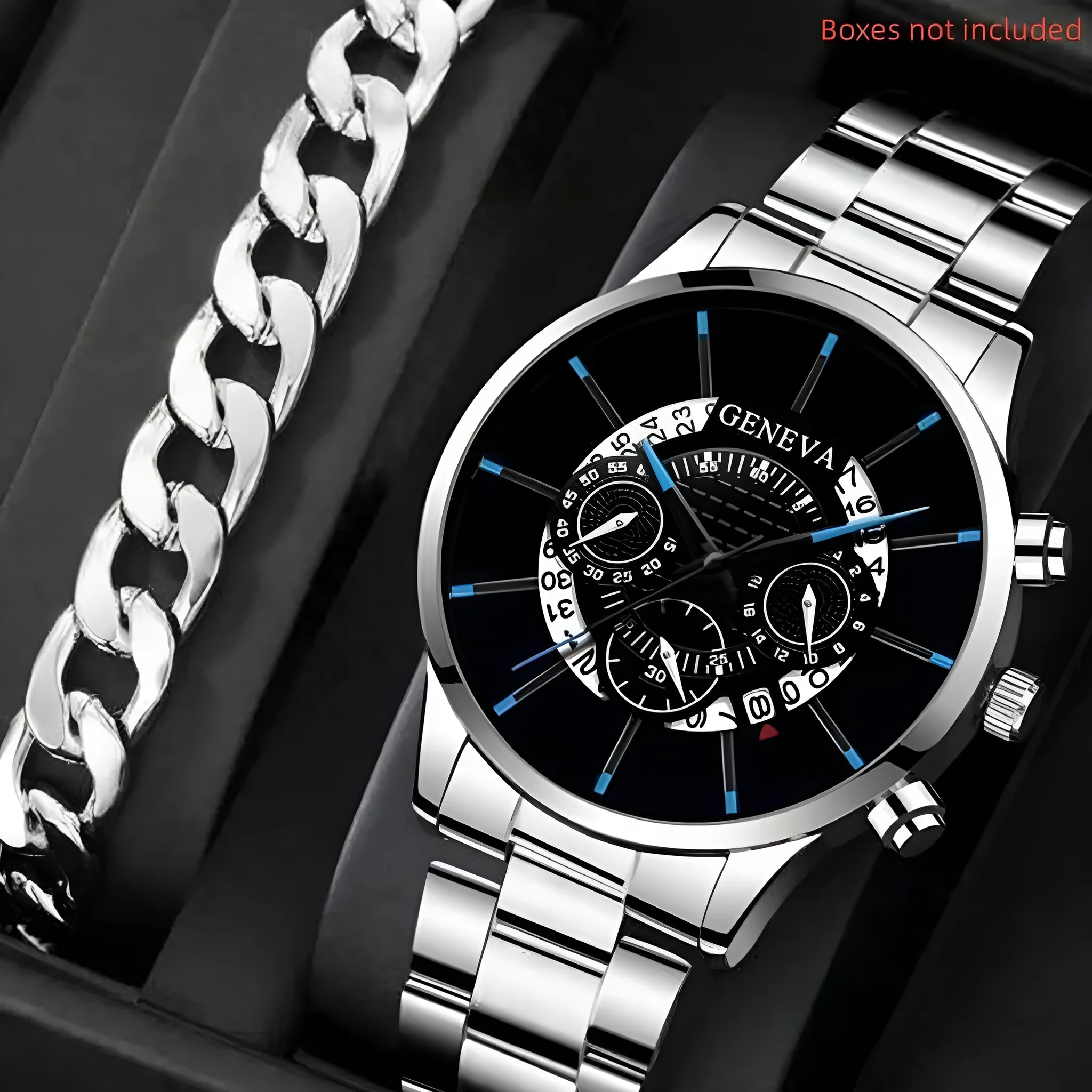 Men's calendar steel belt large dial quartz watch 40mm alloy case mineral glass silver black bracelet