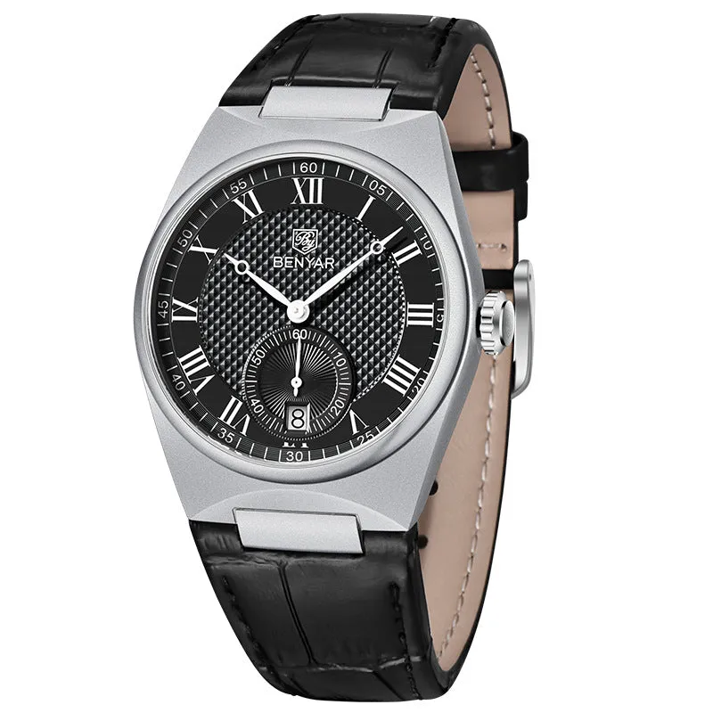 Men's quartz watch with white shell white surface, calendar, and waterproof build, 12mm thickness, business style