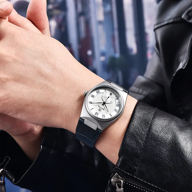 Men's quartz watch with white shell white surface, calendar, and waterproof build, 12mm thickness, business style