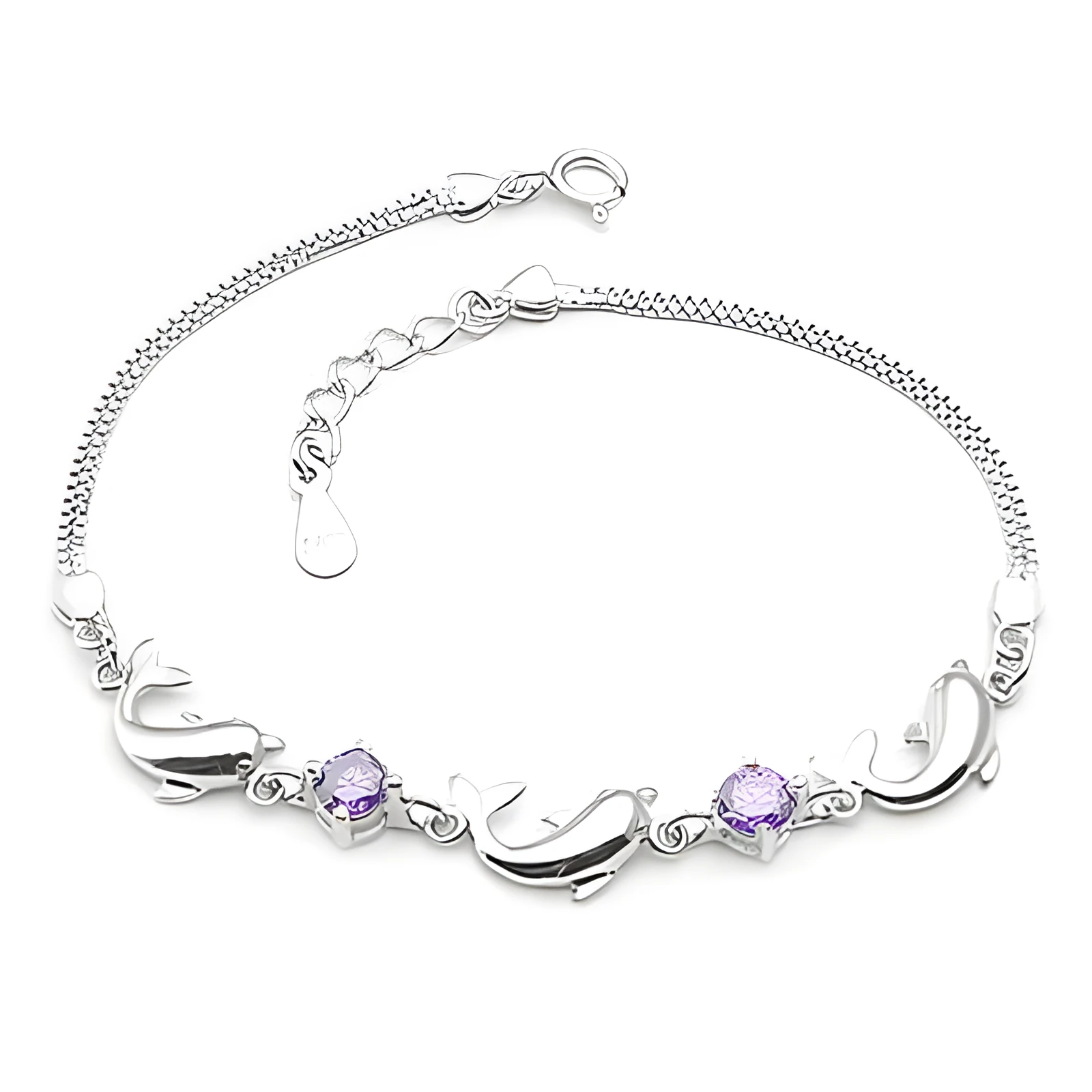 925 sterling silver heart-shaped bracelet with inlaid diamond style, available in purple and white on wrist