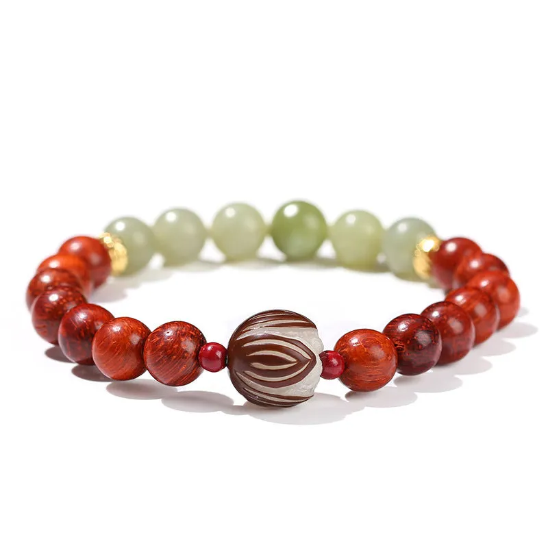Chinese style red rosewood and gray jade bracelet with Bodhi Lotus design and 8 round beads.