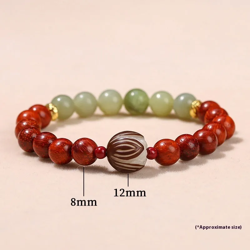 Chinese style red rosewood and gray jade bracelet with Bodhi Lotus design and 8 round beads.