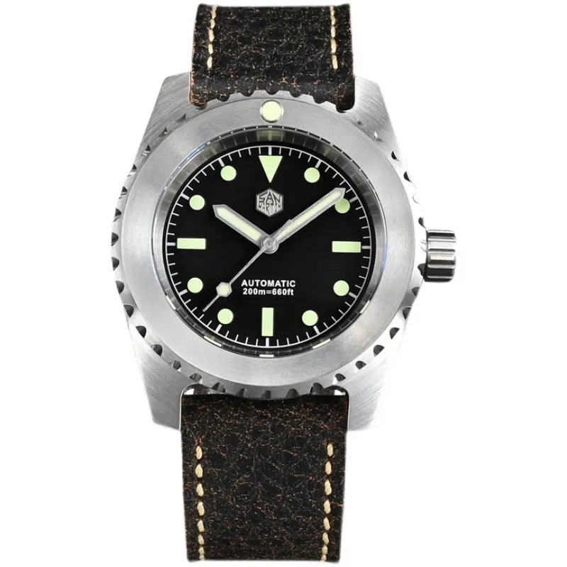 Men's 316L stainless steel diving automatic mechanical watch 41mm matte black dial green C3 luminous hour markers sapphire crystal cowhide strap