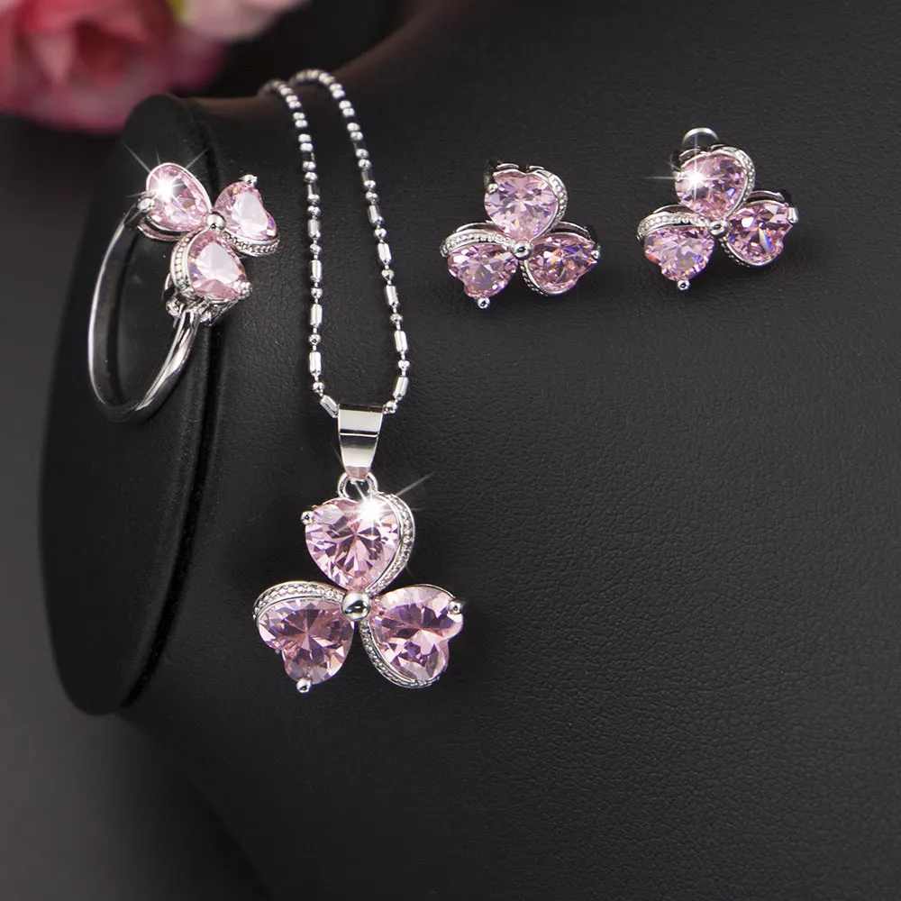 Women's zircon jewelry set with earrings, necklace, and bracelet in pink Korean style