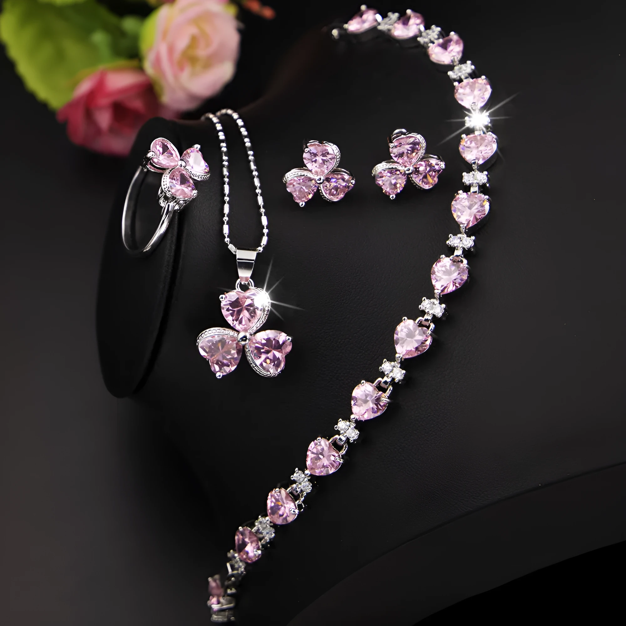 Women's zircon jewelry set with earrings, necklace, and bracelet in pink Korean style