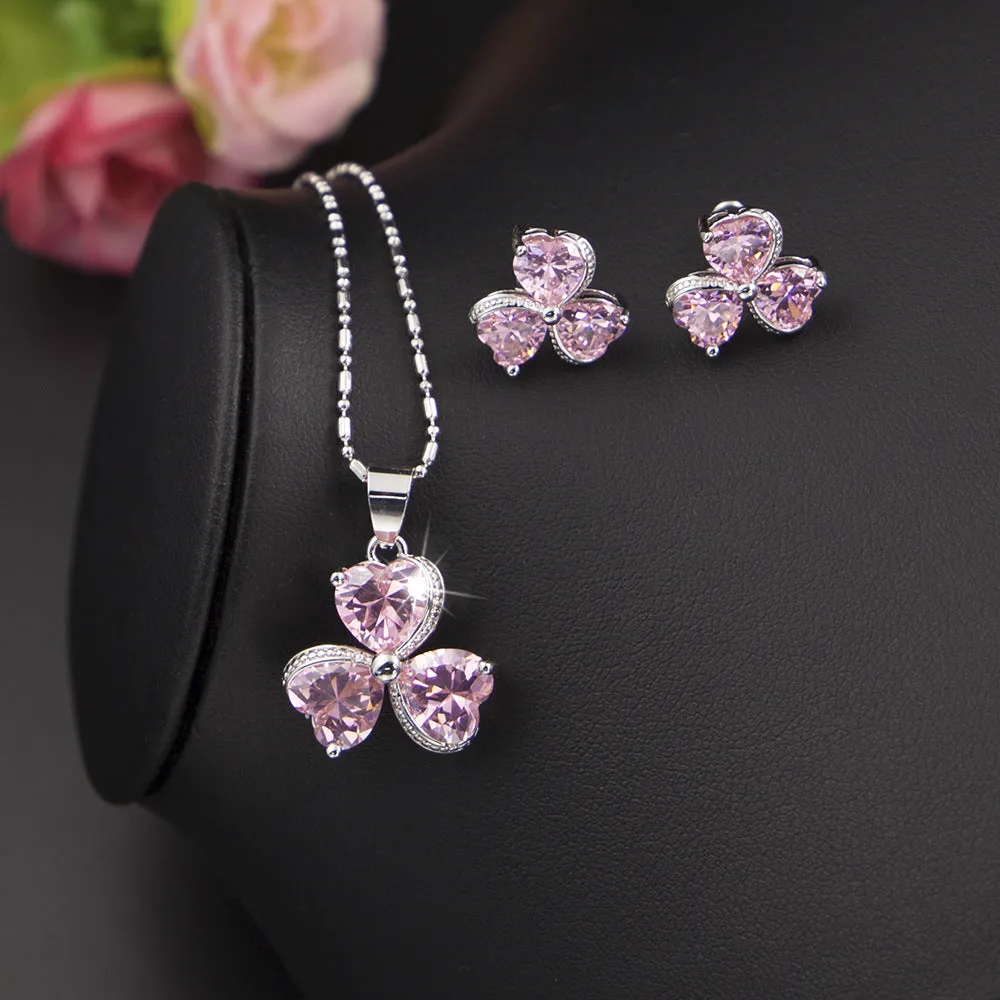 Women's zircon jewelry set with earrings, necklace, and bracelet in pink Korean style