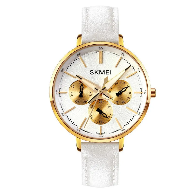 Women's retro round quartz watch with genuine leather strap, rose gold case, black strap, 38mm dial