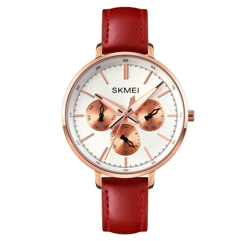 Women's retro round quartz watch with genuine leather strap, rose gold case, black strap, 38mm dial
