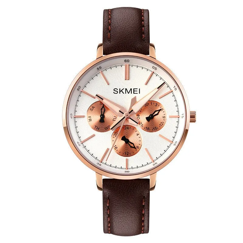 Women's retro round quartz watch with genuine leather strap, rose gold case, black strap, 38mm dial
