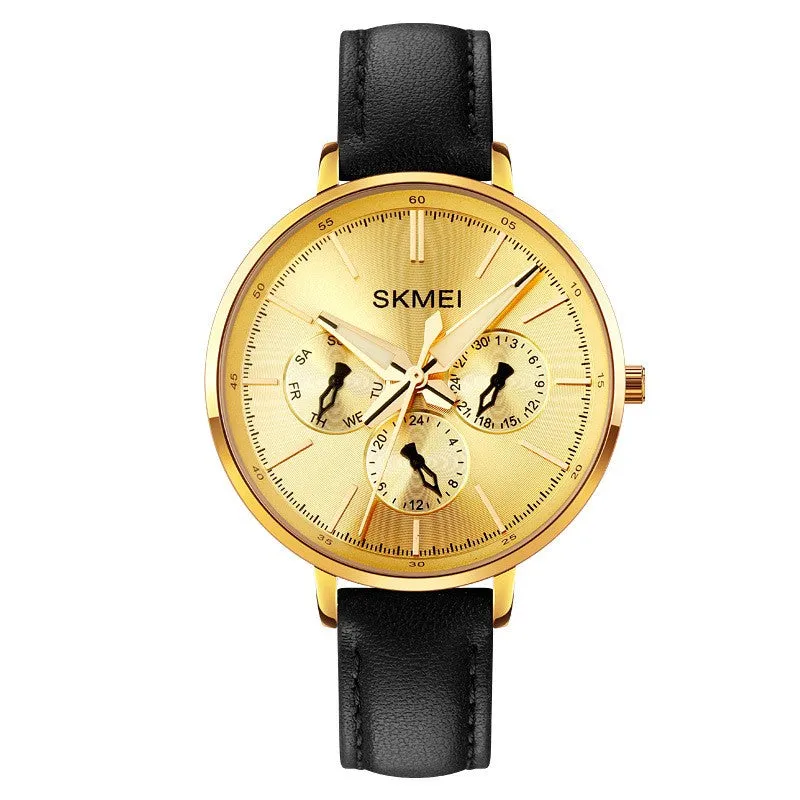 Women's retro round quartz watch with genuine leather strap, rose gold case, black strap, 38mm dial