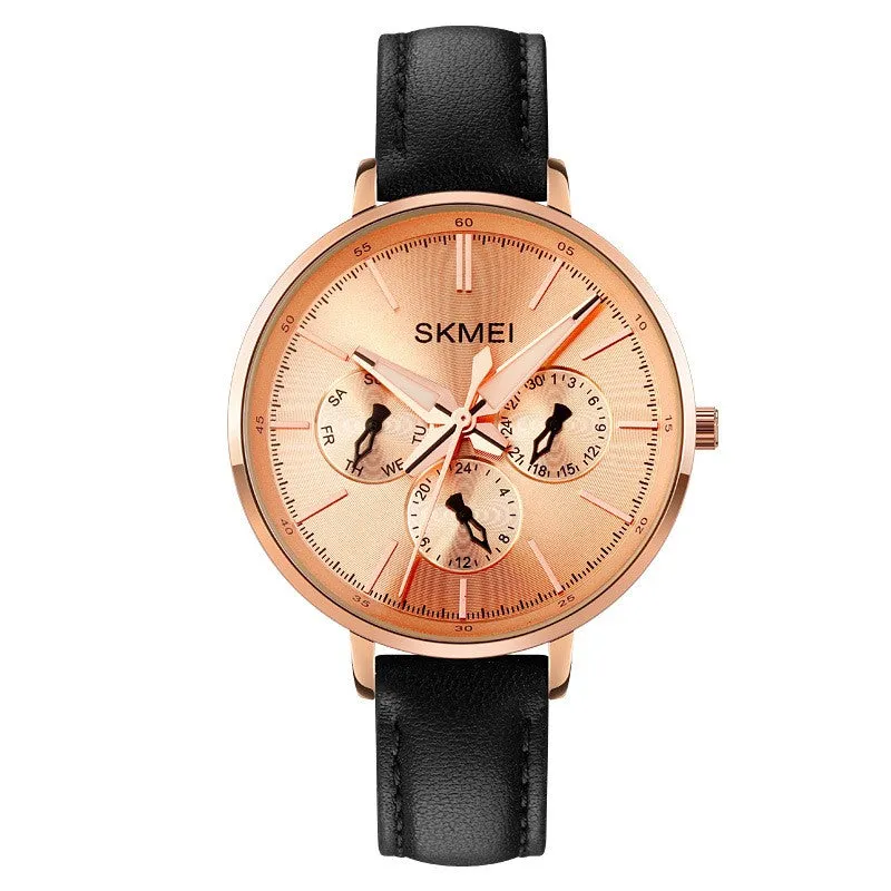 Women's retro round quartz watch with genuine leather strap, rose gold case, black strap, 38mm dial