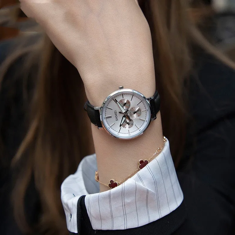 Women's retro round quartz watch with genuine leather strap, rose gold case, black strap, 38mm dial