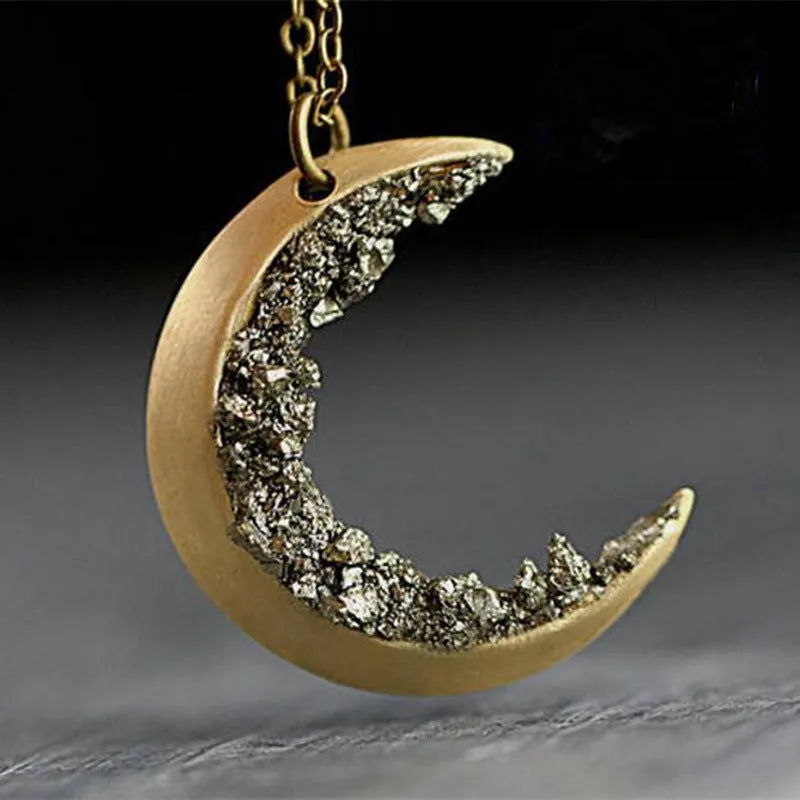 Ancient gold electroplated alloy crescent necklace with broken crystal pendant on 46cm chain