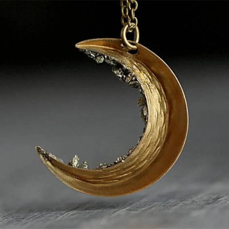 Ancient gold electroplated alloy crescent necklace with broken crystal pendant on 46cm chain