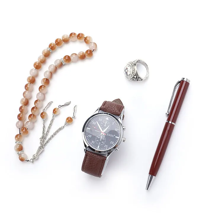 Boutique gift set with quartz watch rosary ring and pen in black epoxy finish
