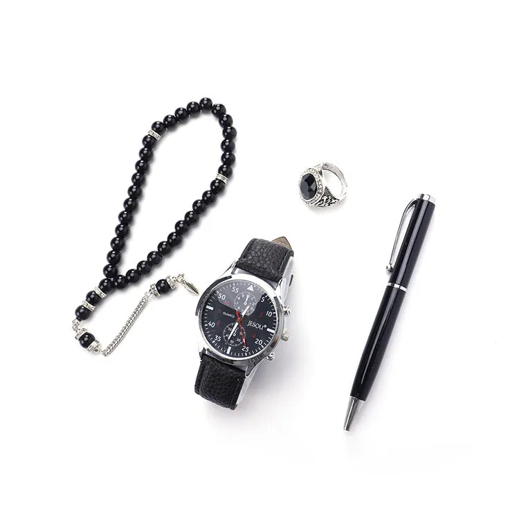 Boutique gift set with quartz watch rosary ring and pen in black epoxy finish