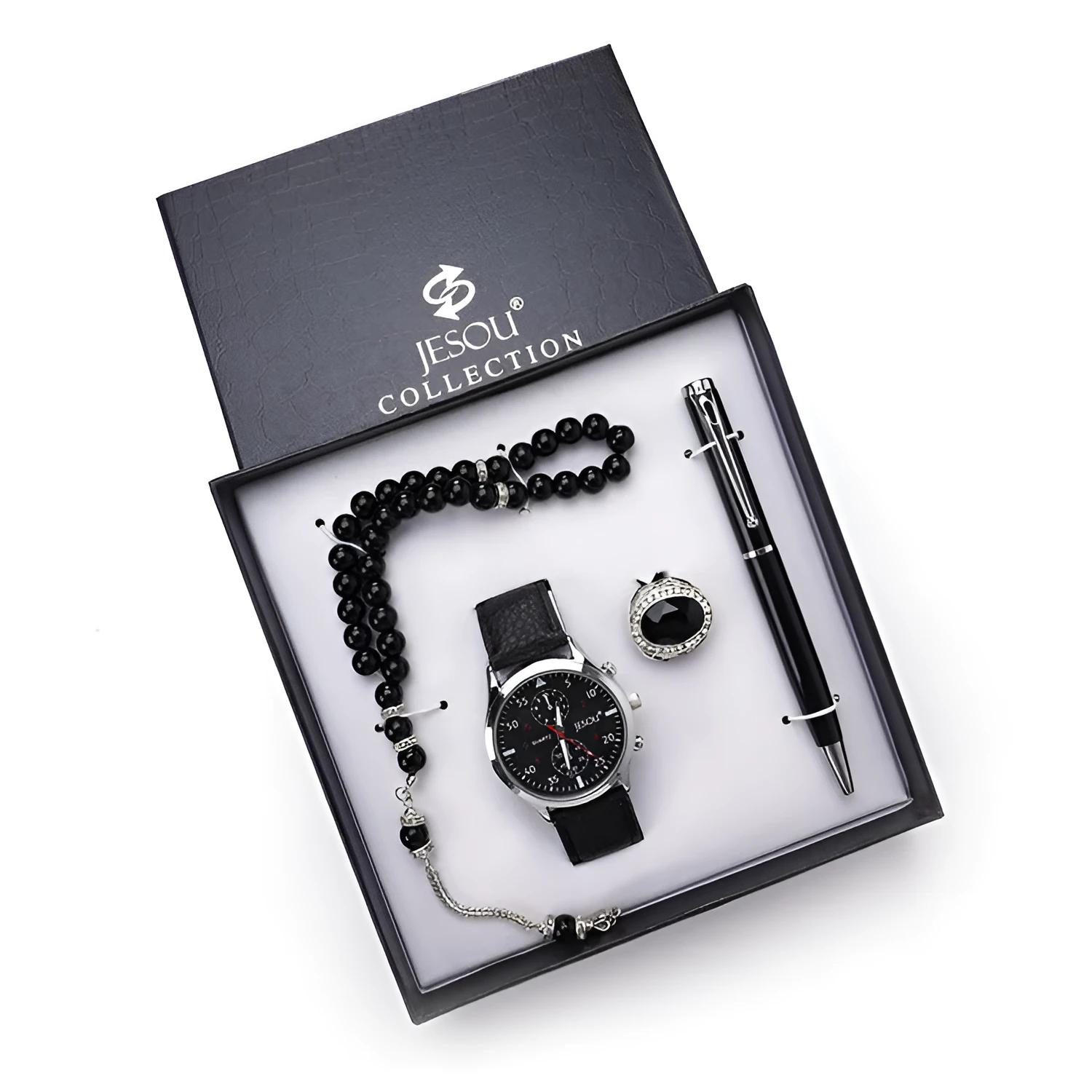 Boutique gift set with quartz watch rosary ring and pen in black epoxy finish