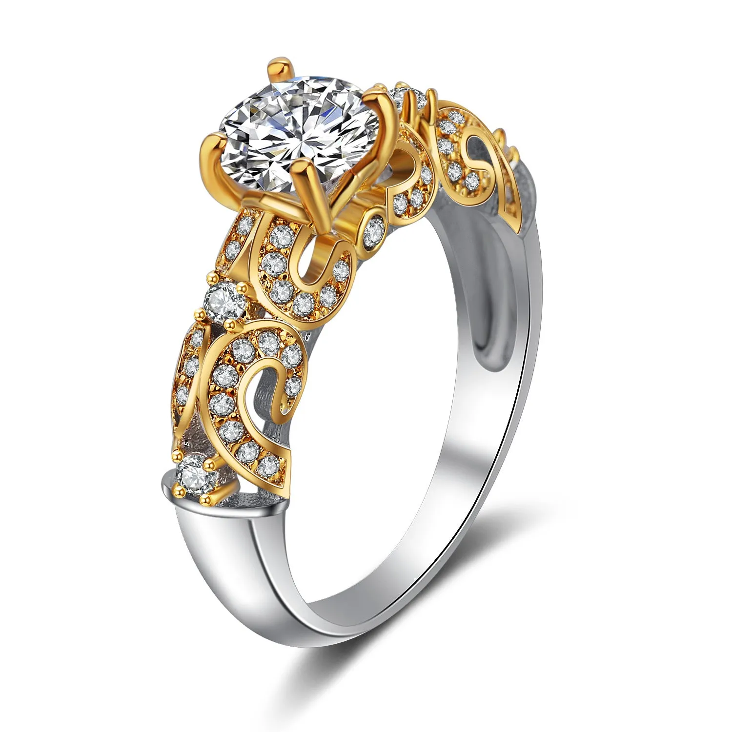 Four-claw inlay simulation diamond ring white copper gold-plated artificial gemstone US sizes 5-10 white gold colour