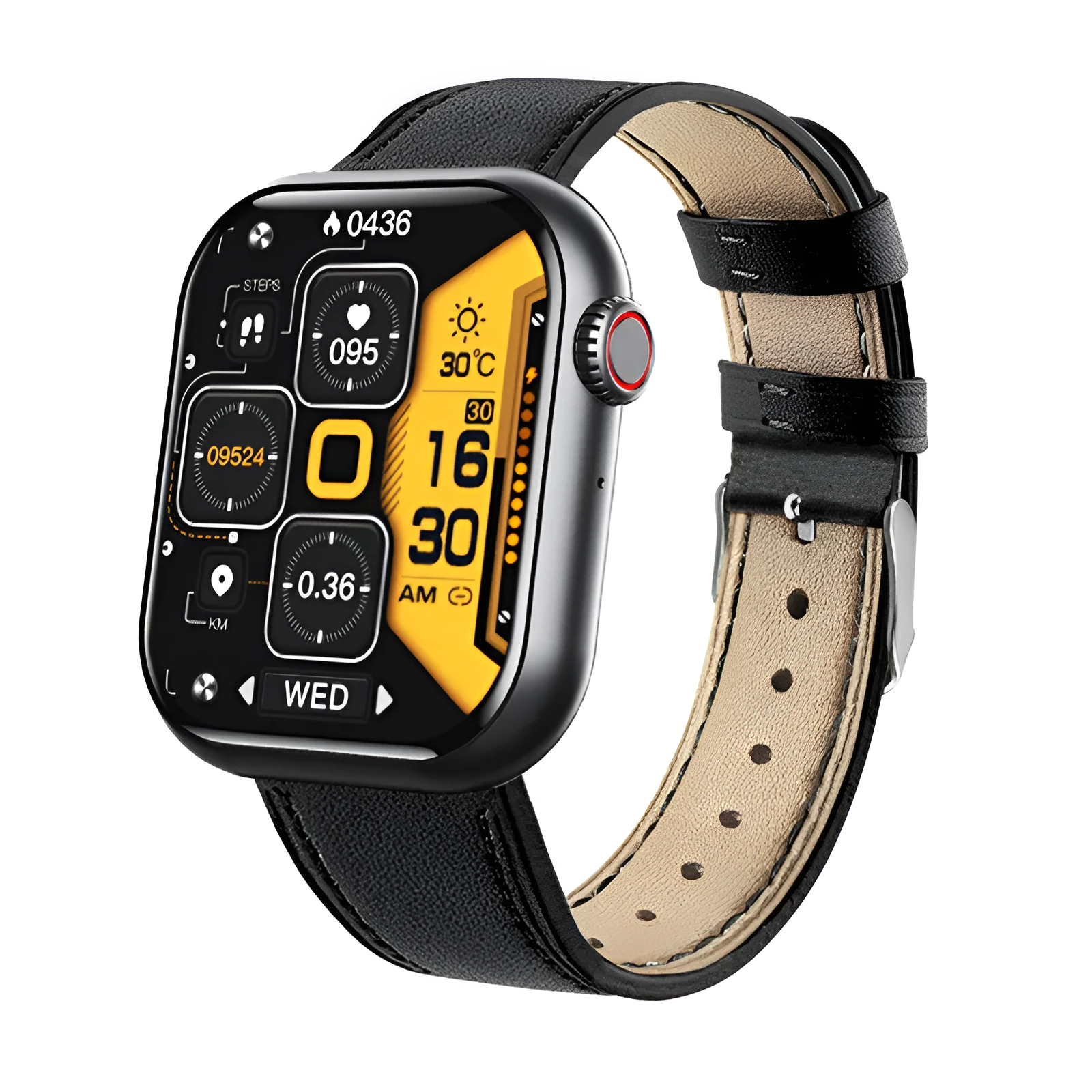 Smart watch with Bluetooth calling and heart rate monitor in black, pink, and leather strap options on wrist