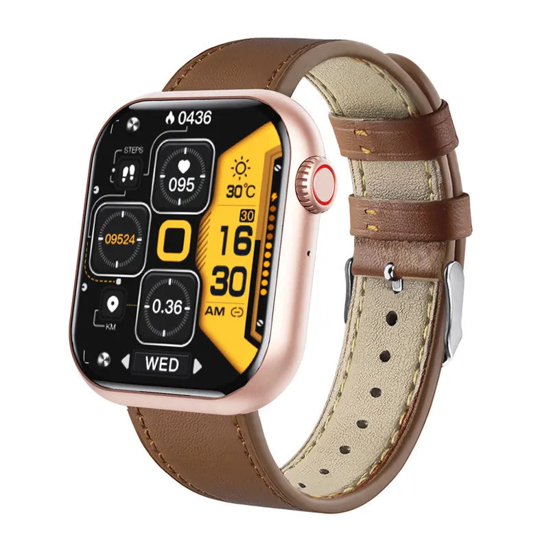 Smart watch with Bluetooth calling and heart rate monitor in black, pink, and leather strap options on wrist