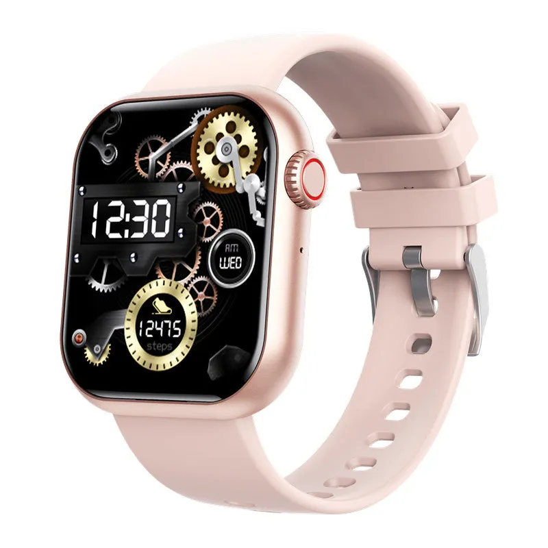 Smart watch with Bluetooth calling and heart rate monitor in black, pink, and leather strap options on wrist