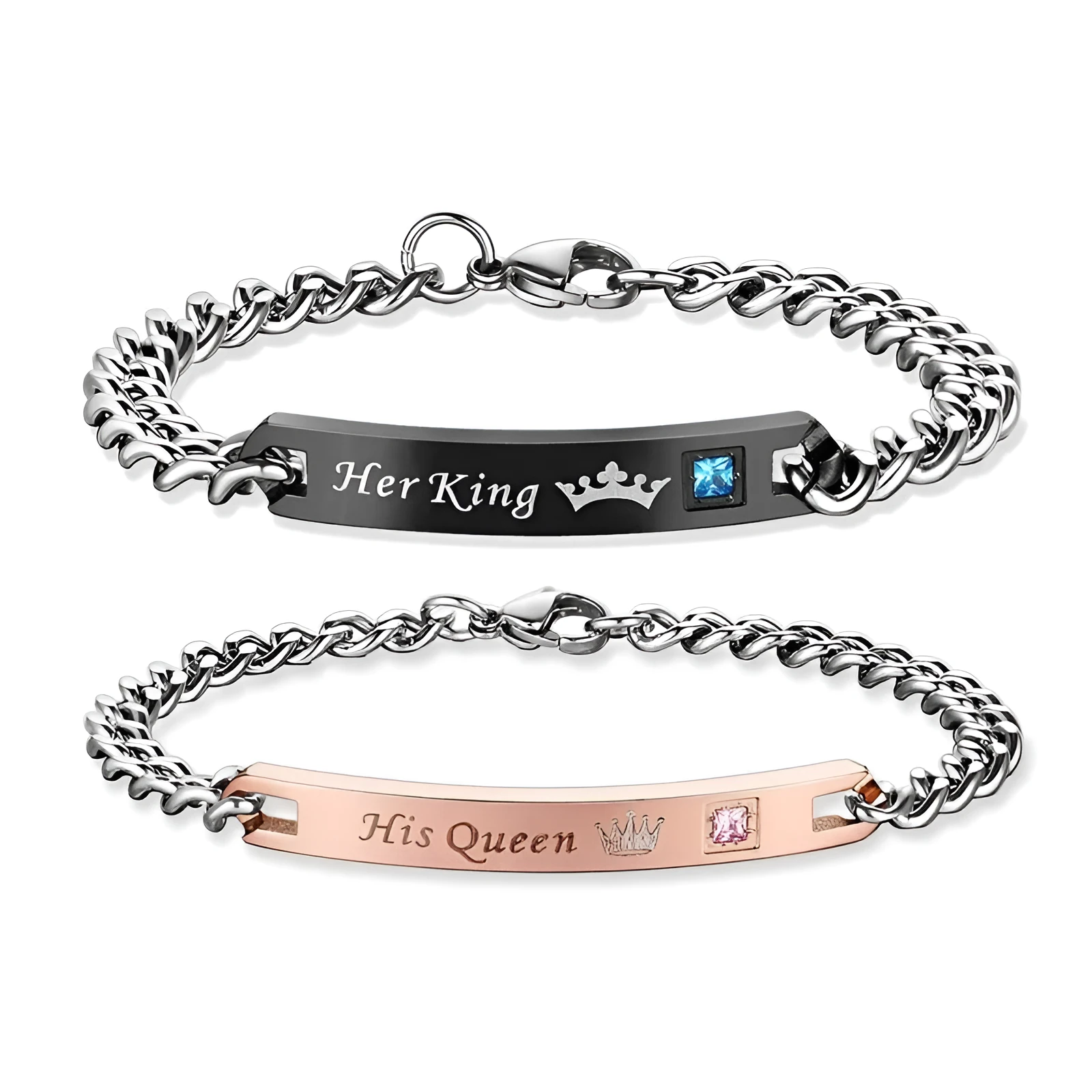 Set of two titanium steel charm bracelets, black Her King and rose gold His Queen, with heart charms on link chain