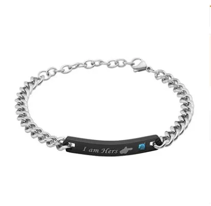 Set of two titanium steel charm bracelets, black Her King and rose gold His Queen, with heart charms on link chain